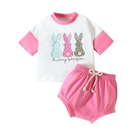 

Niuer Baby Tops + Shorts Short Sleeve Summer Outfits Crew Neck 2Pcs Outfit Suit Loose Rabbit Printed Rose Red 100cm(18-24M)