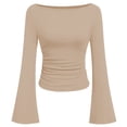 thumbnail image 4 of Long Sleeve Shirts for Women Boat Neck Bell Sleeve Ribbed Ruched Long Sleeve Tops Casual Chic Clothes Womens Sweatshirt Yellow 2Xl, 4 of 4