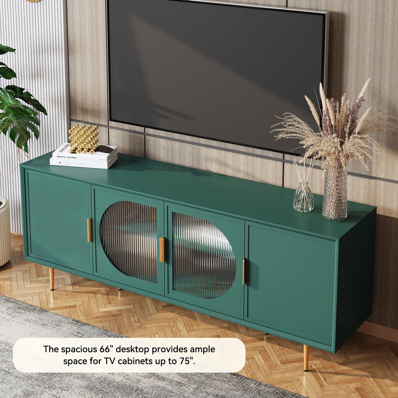 CBJCBJ 66" TV up to 75" Stand for Living Room, Entertainment Center with Glass Storage Cabinet,Green