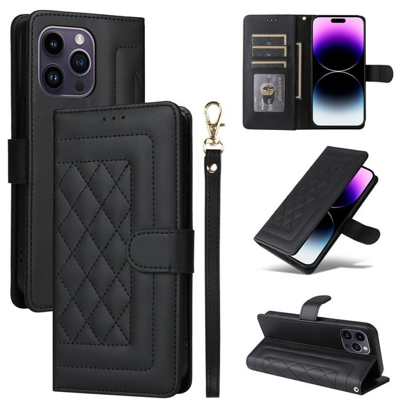 Compatible with iPhone 12 Pro / 12 Case, Premium Leather iPhone 12 Pro / 12 Wallet Book Case Magnetic Flip RFID Blocking Credit Card Holder Kickstand with Wrist Strap Shock Absorbing Case, Black