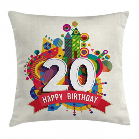 20th Birthday Decorations Throw Pillow Cushion Cover, Geometric Shapes Design with Castle Circles on Backdrop Sweet 20, Decorative Square Accent Pillow Case, 18 X 18 Inches, Multicolor, by Ambesonne