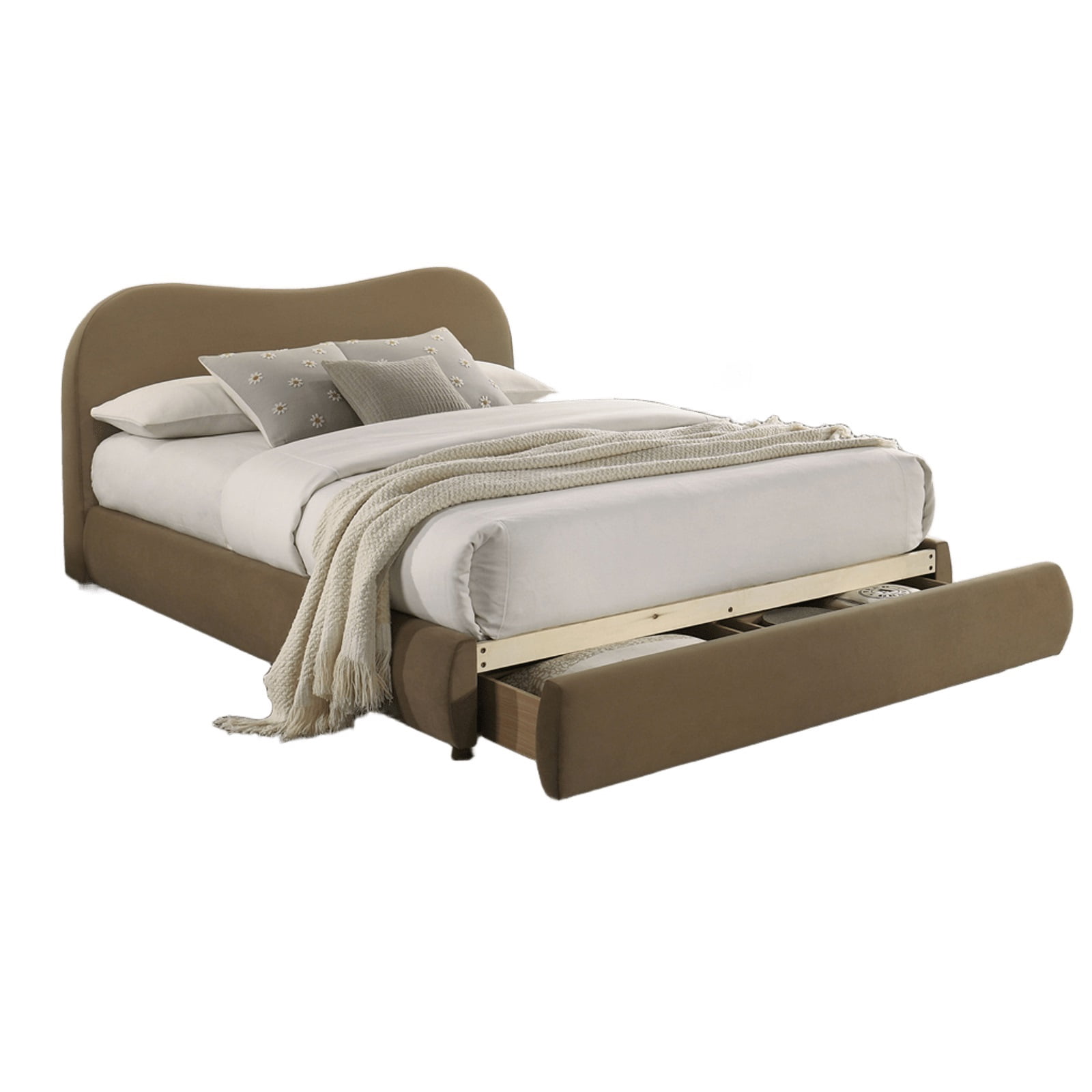 Bed Frame Beautiful 1pc Queen Size Bed Curved Design Velvet Brown Color Upholstered Headboard Storage FB Bedroom Furniture Bedframe