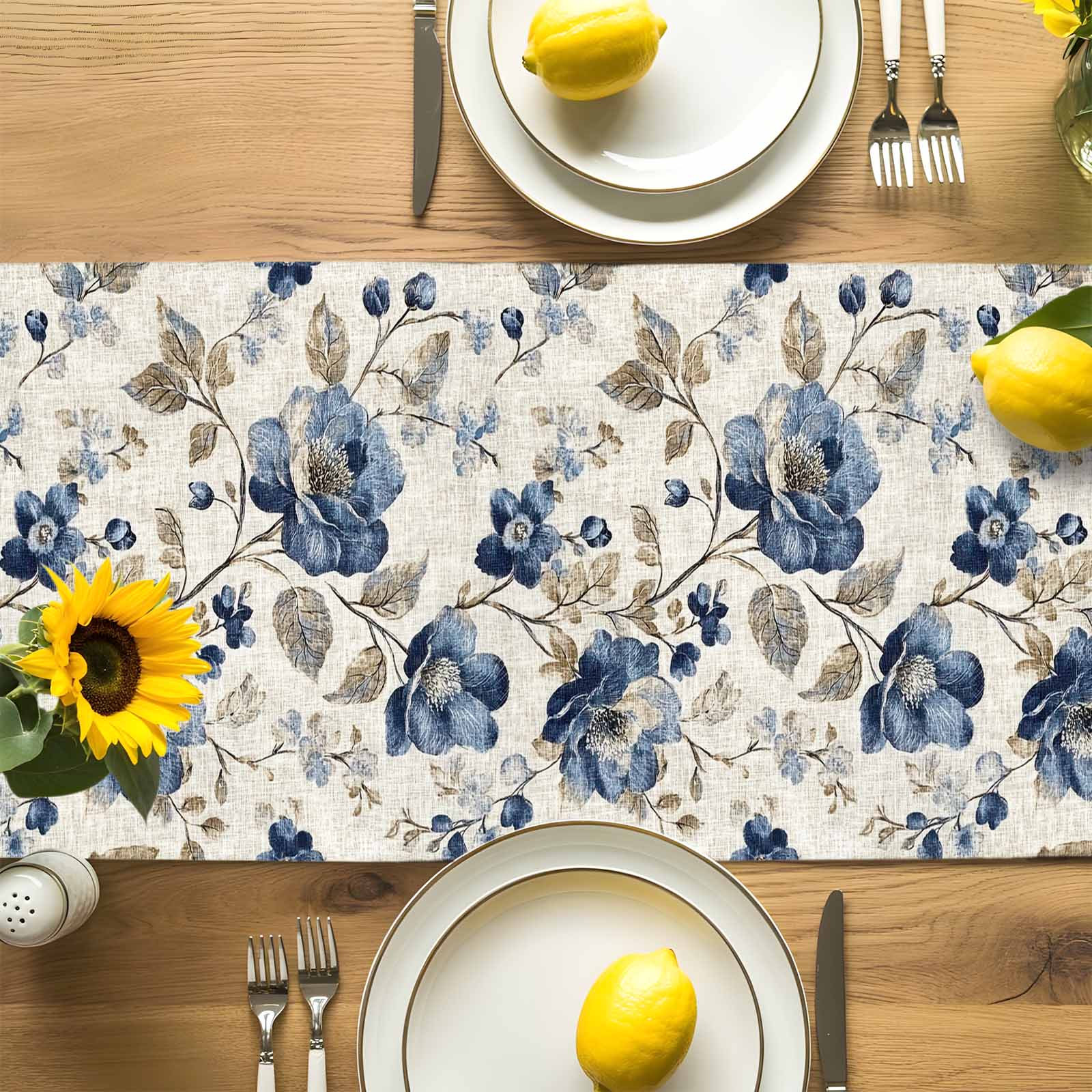 Blue Gray Spring Floral Cotton Linen Table Runner for Dining Kitchen, Vintage Botanical Wedding Outdoor Party Tablerunners Decoration, Dresser Scarf Coffee Tablecloth Runners 13x72 Inches
