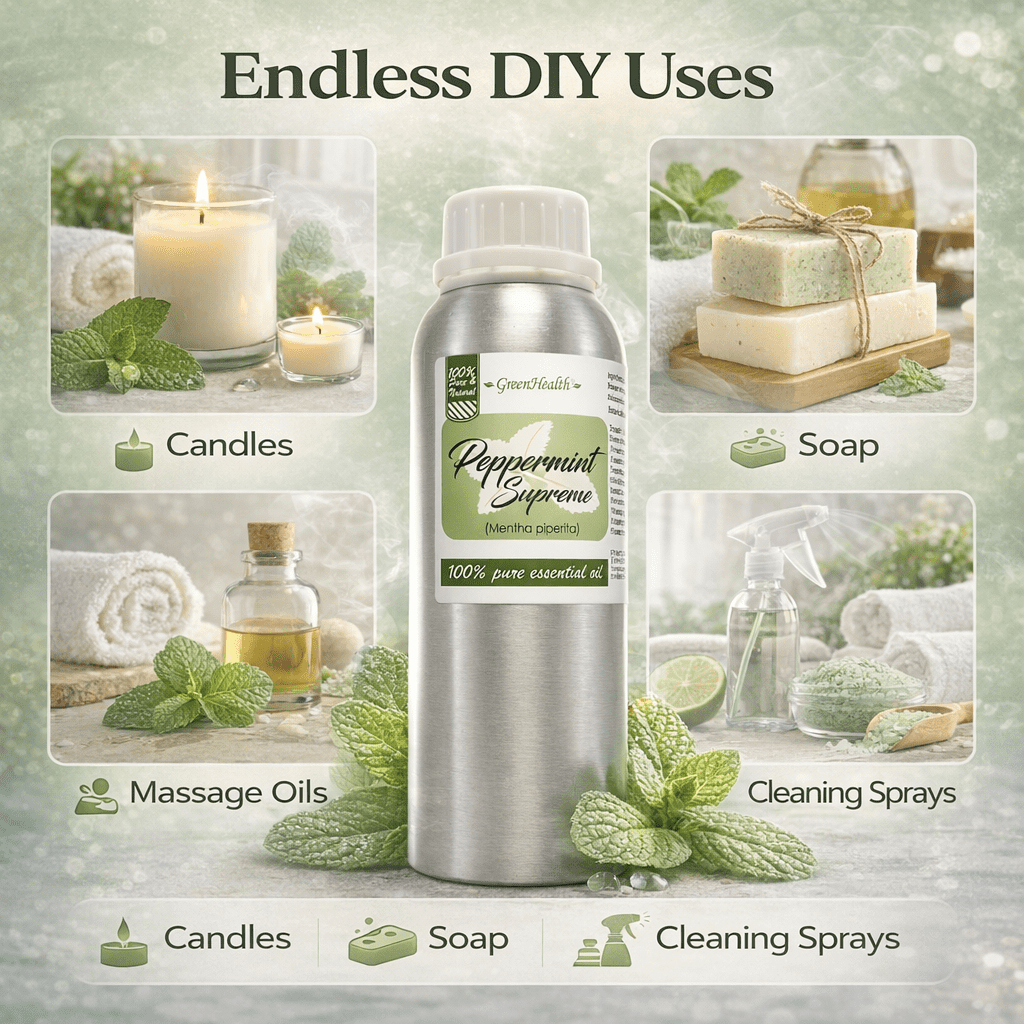 Peppermint Essential Oil – 100% Pure Mentha Piperita – GreenHealth – 8 fl oz (237 ml) Aluminum Bottle with Plug Cap – Aromatherapy, Diffusers, DIY, Candles, Fresh Home Scent