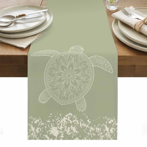 Turtle Green Table Runner - 108 Inch Long, Kitchen Dining Table Runner Dresser Scarves, Coastal Ocean Boho Flower Retro Mottled Farmhouse Decor for Coffee Tables Wedding Party Banquet