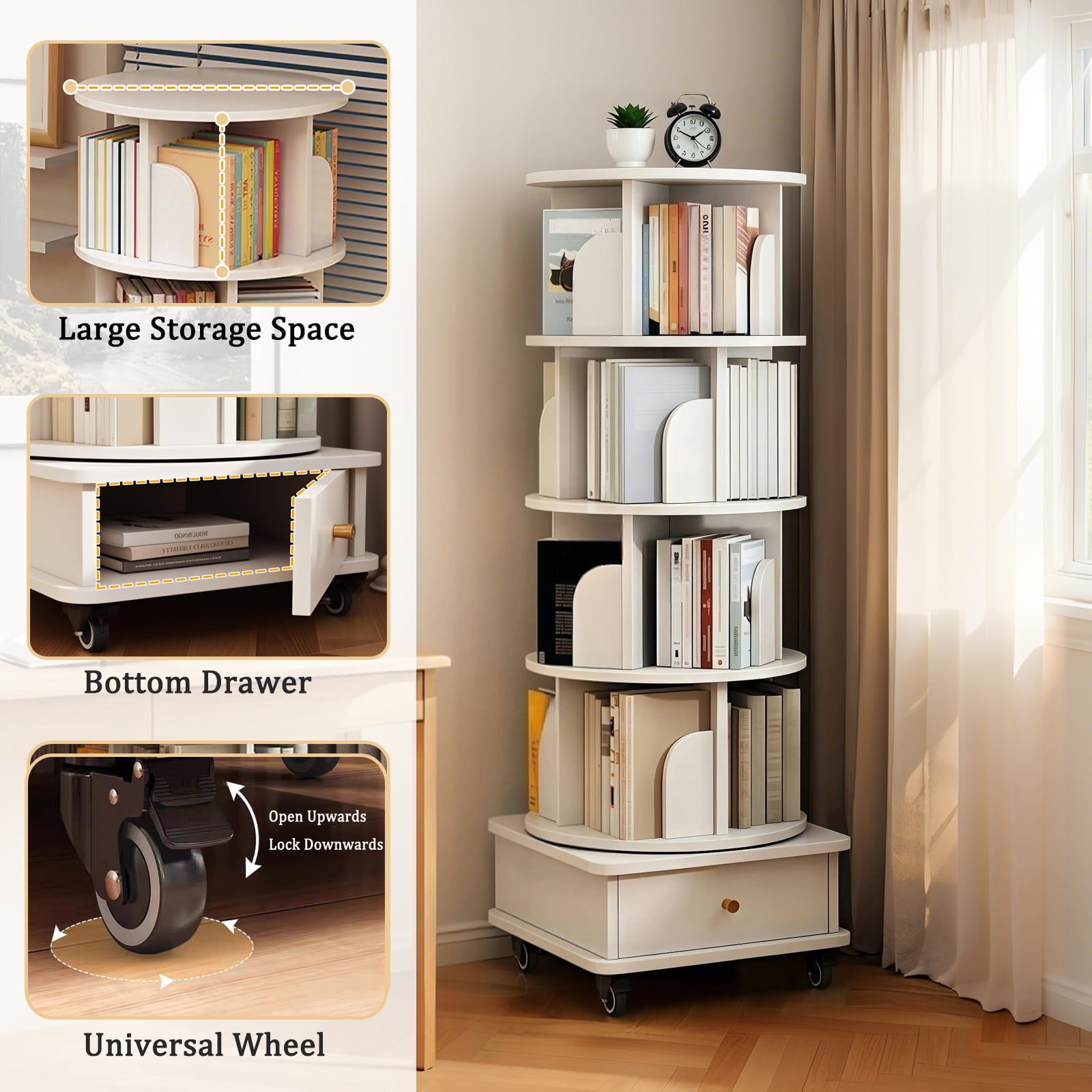 Paproos 5 Tier Rotating Bookshelf, 360° Display Wood Spinning Bookshelf Tower with Wheels and Bottom Drawer, Small Rotating Bookcase, Corner Book Shelf for Home Office, Bedroom, Warm White