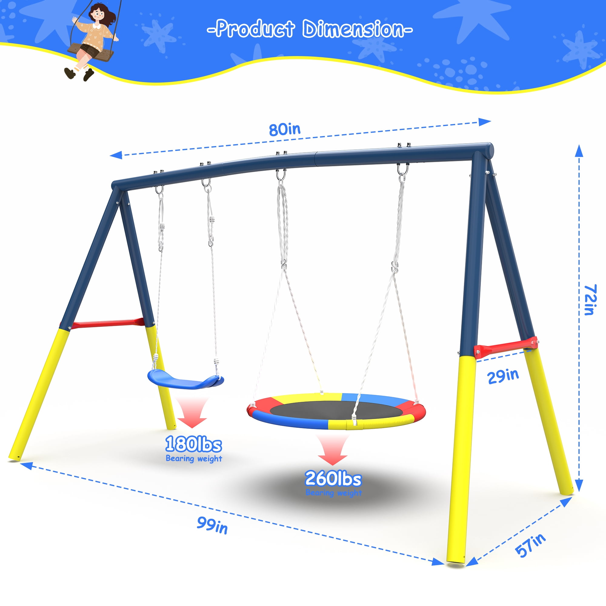Mersco 2-in-1 Swing Set for Backyard with Stand, Swing Heavy Duty 440lbs Metal Outdoor Swing Stand, Contain 1 Saucer 32" and 1 Belt Seat 26.2" for Playground, Backyard Playset