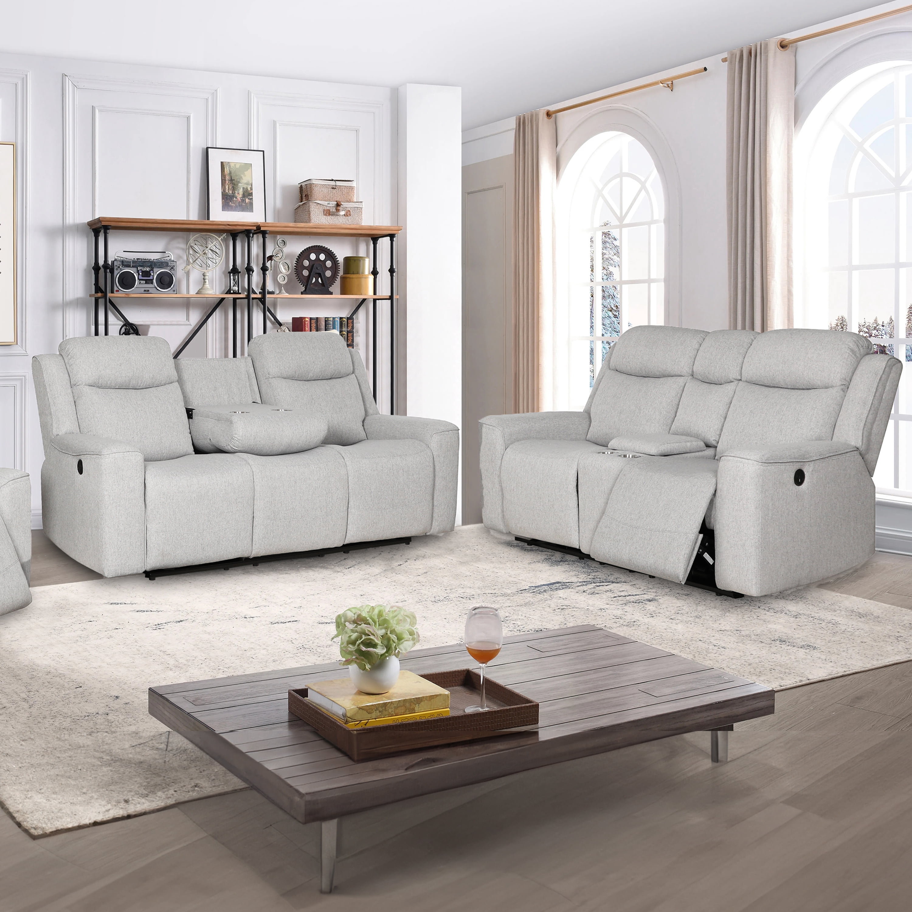Amelia Collection Contemporary 2-Piece Upholstered Living Room Set, Dropdown Console Sofa and Loveseat with Storage Console and Cup Holders, White