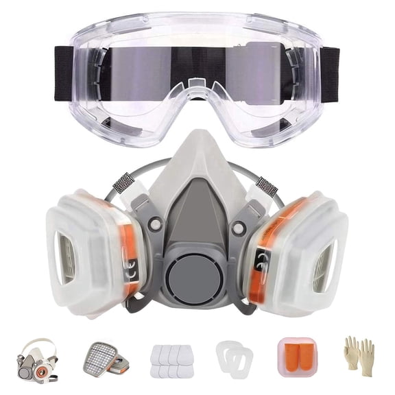 XINBTK Half Face Respirator Mask, Reusable Respirator with Replaceable Filters Goggles Gloves Against Gas, Dust, Organic Vapor Half Face Cover for Spraying, Cutting, Painting