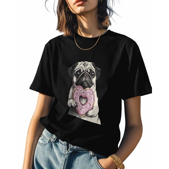 Women's T-Shirts, Animal Pug Doughnut Printed Cotton Crewneck Tee Short Sleeve Casual Tops Loose Graphic T-Shirt Black, M