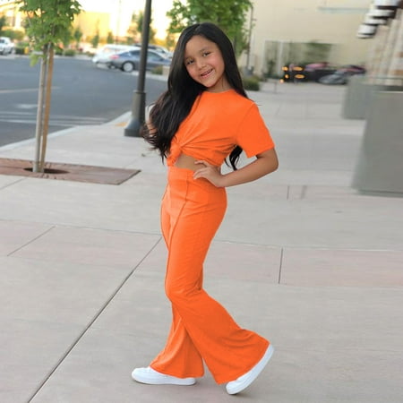 

Leutsin Children s New Style Girls Fashion Casual Solid Color T-shirt Flared Trousers Trousers Short Sleeve Suit
