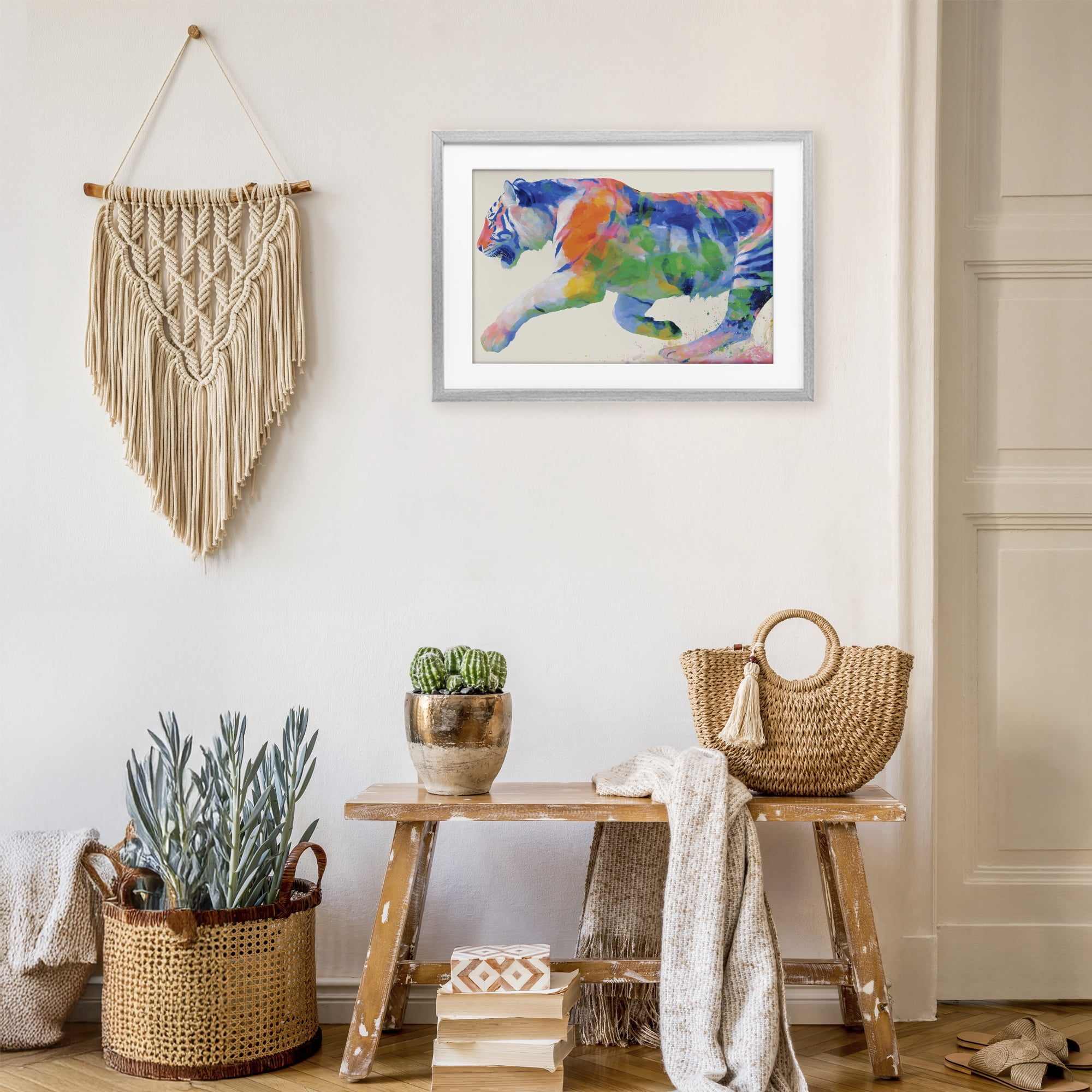Stupell Industries Colorful Tiger In Motion Gray Framed Print Under Glass, design by Chromatic Storm Studio