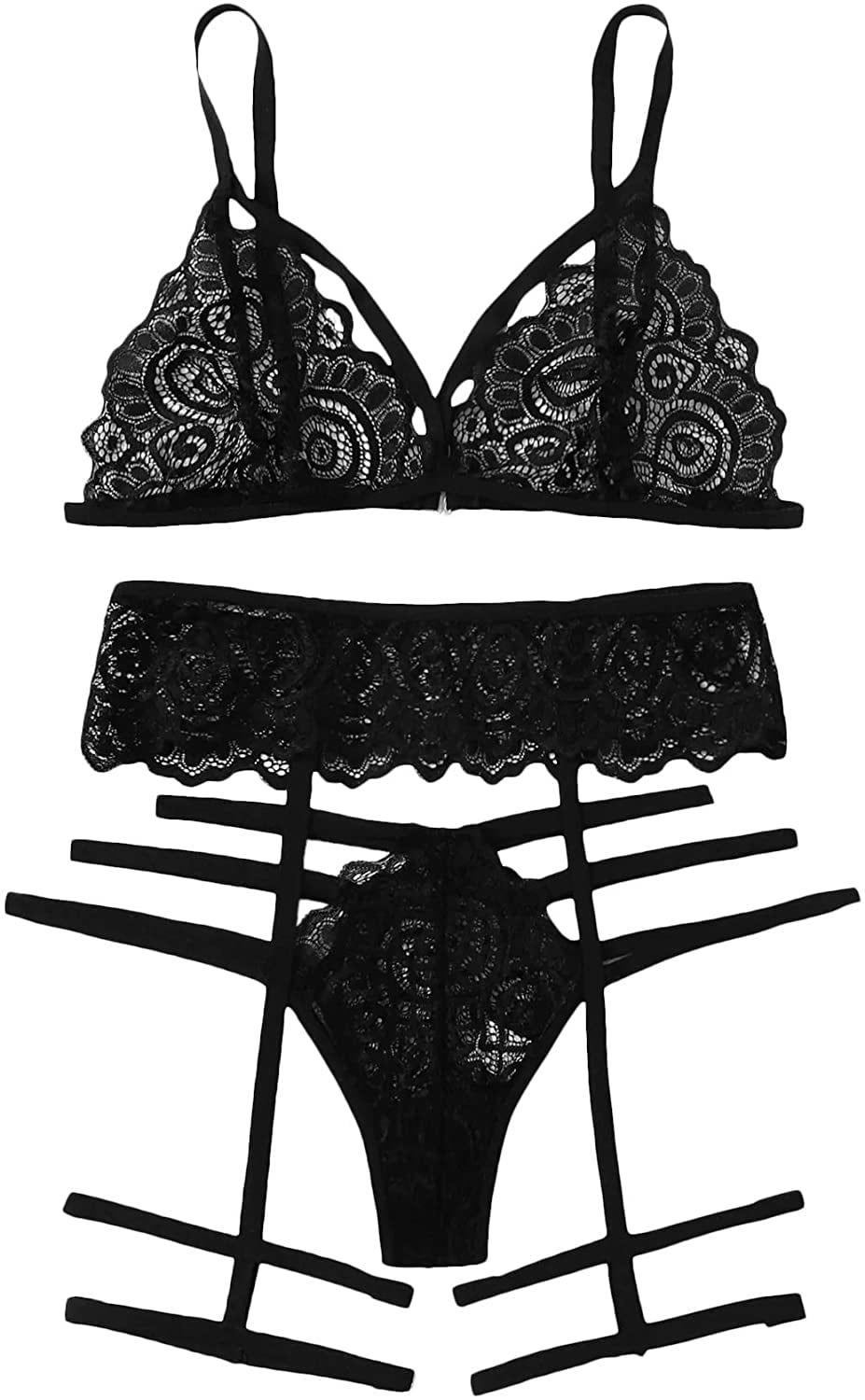 WDIRARA Women's 3 Pieces Floral Lace Mesh Garter Straps Lingerie Set
