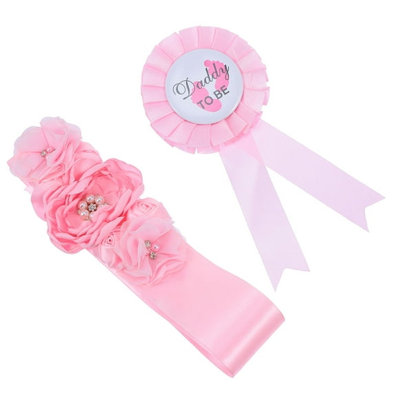 HONMEET 2Pcs Baby Shower Mom Sash Pink Polyester Floral Style Gender Reveal Party Accessory 15x7cm