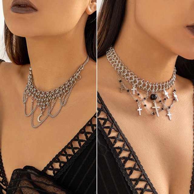 2 uds collar de borla de cadena de metal punk oscuro dulce collar con colgante de cruz de hip-hop JM