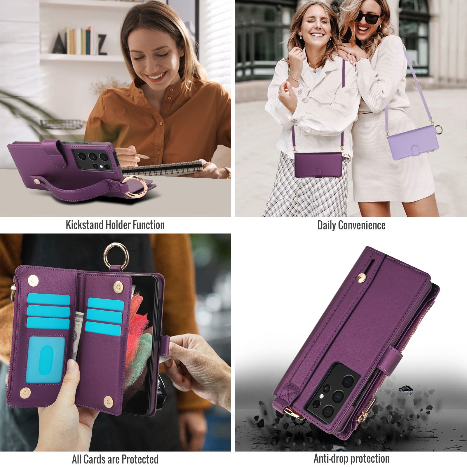 ELEHOLD For Samsung Galaxy S21 Ultra Phone Case Leather Crossbody Zipper Card Wallet Flip Case Kickstand Cover, with Ring Holder,Full Body Protection-Deeppurple