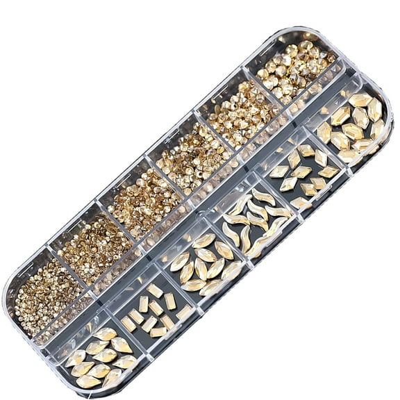 Nail Crystals AB Nail Art Rhinestones Beads Flatback Glass Charms Gems Stones, 12 Sizes for Nails Decoration Makeup Clothes Shoes (Gold)