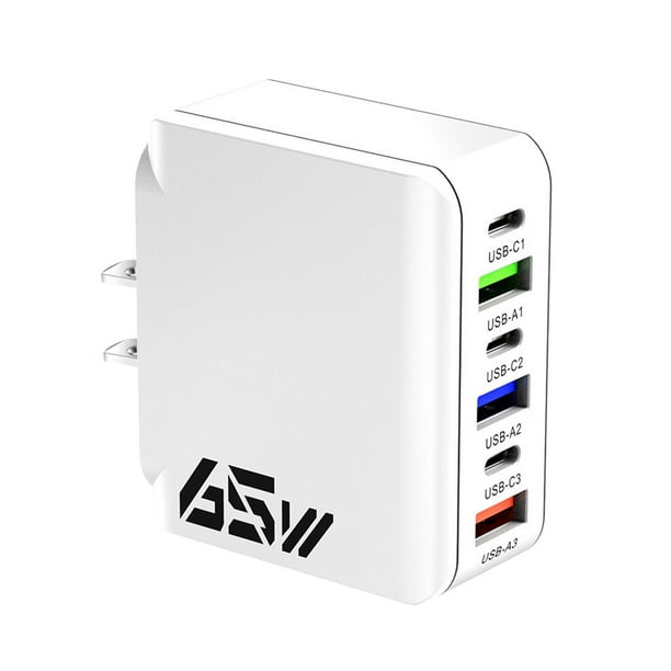 Pisexur Batería de cocina Cargador rápido multipuerto de 65 W, estándar de EE. UU., 6 en 1, USB, compatible con varios dispositivos. para la cocina del hogar