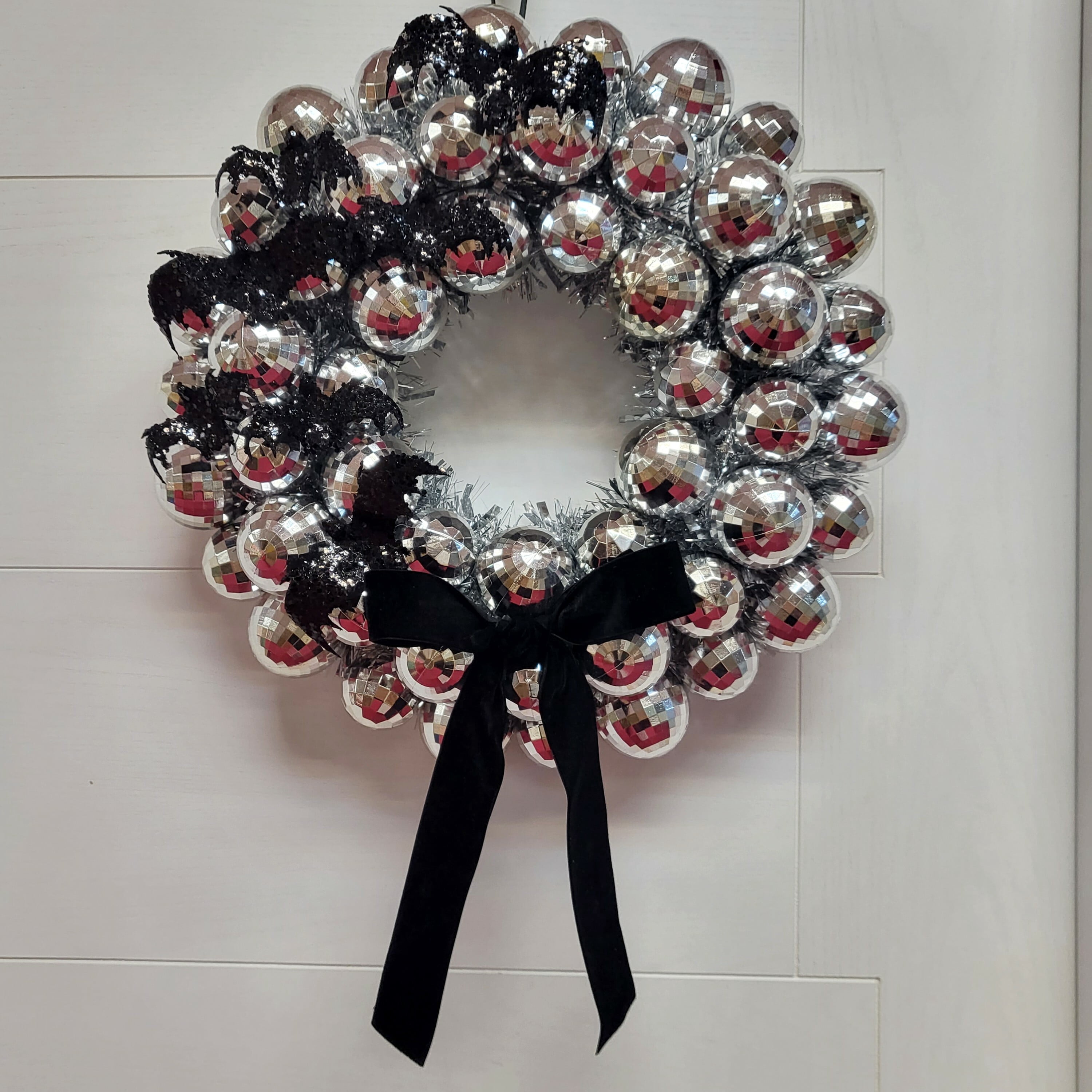 Disco Ball and Bats Wreath, Silver and Black, 17", Halloween by Way To Celebrate