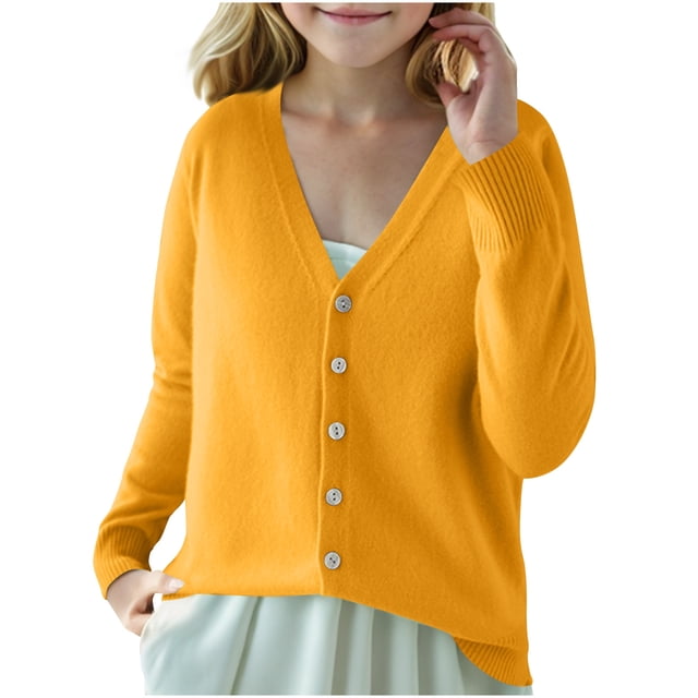 Boys' Solid Color V,Neck Knit Cardigan , Fall Seasonal Outerwear ,Knit Bottom Design, Yellow S
