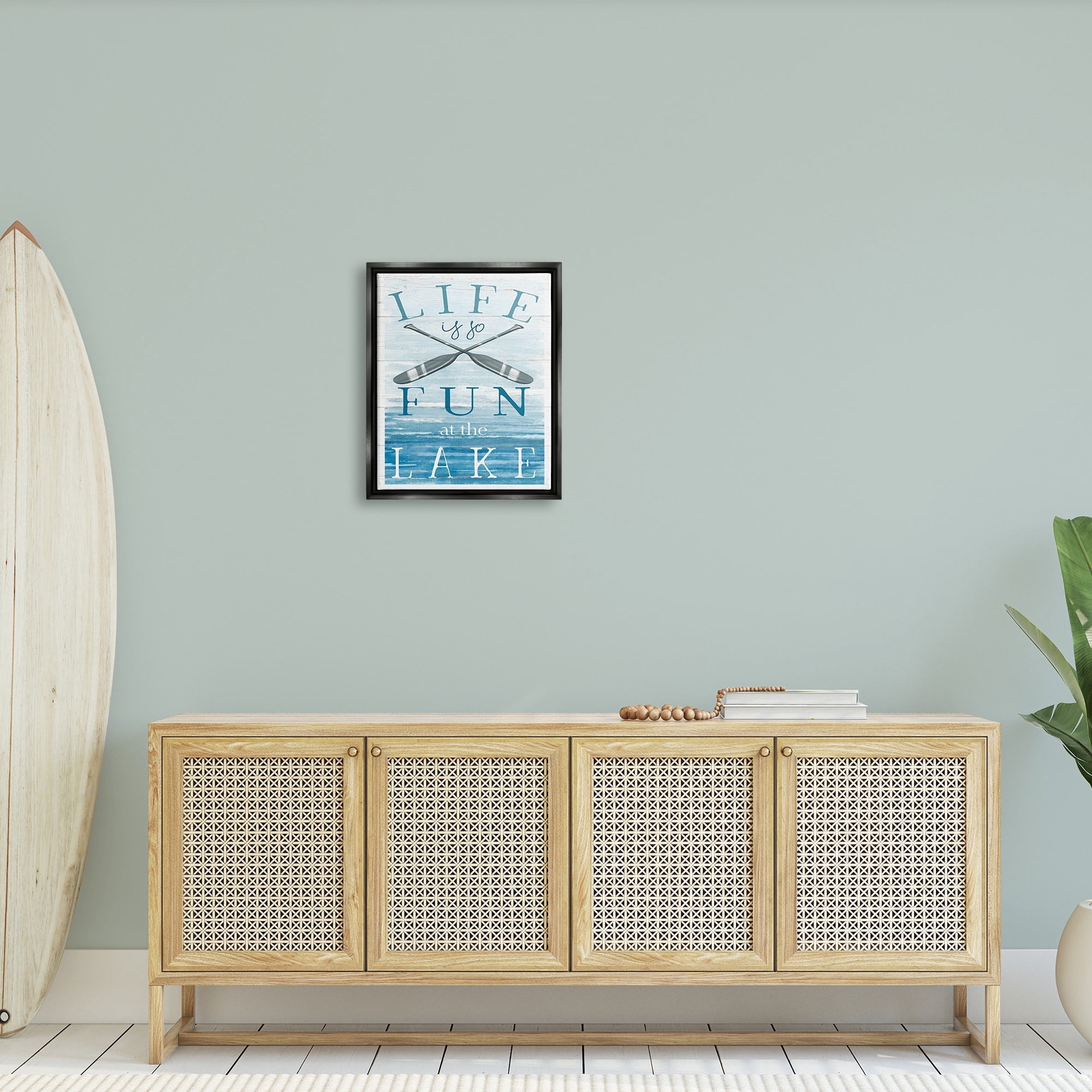 Stupell Industries Fun at Lake Phrase Crossed Ores Water Design Graphic Art Luster Gray Floating Framed Canvas Print Wall Art, Design by Elizabeth Tyndall
