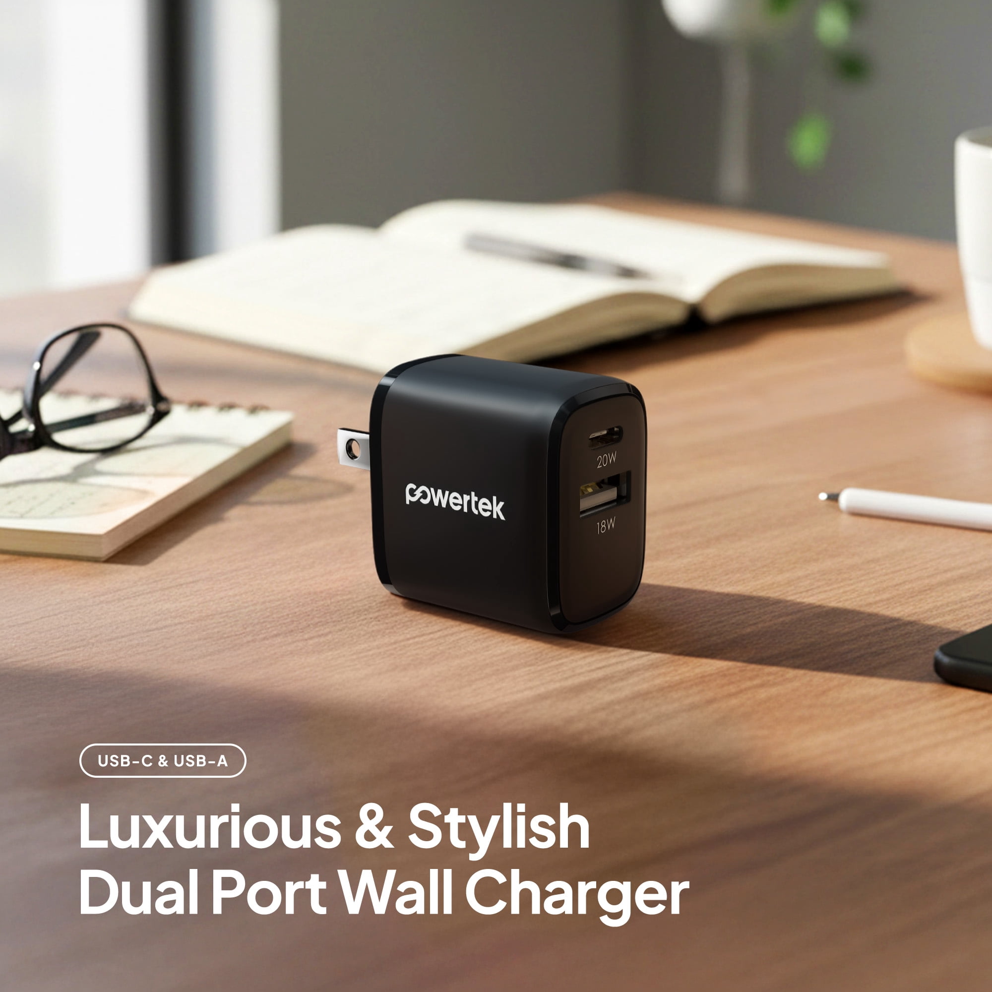 Powertek 20W USB-C PD + USB-A Dual Port Wall Charger, Carbon Design, Black