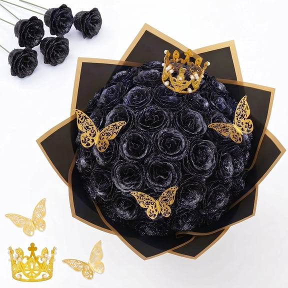 Waipfaru Glitter Roses Bouquet Black,24pcs Glitter Artificial Flowers,DIY Glitter Everlasting Rose Bouquet with Stem for Graduation,Engagement,Anniversary,Wedding