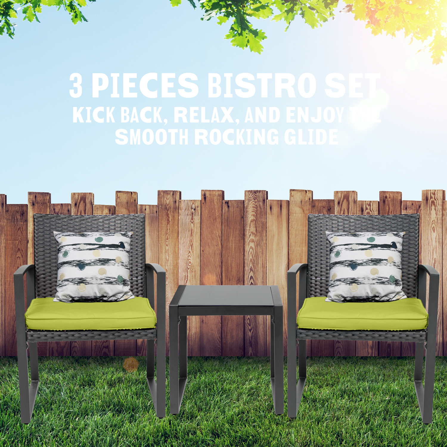 Outdoor 3-Piece Dialog Bistro Set Black Wicker Furniture-Two Chairs with Glass Coffee Table Green - image 5 of 7