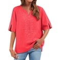 thumbnail image 3 of Bxsruta Cotton Linen Embroidered V Neck Blouse Casual Loose Short Sleeve Pullover Top for Women, 3 of 8