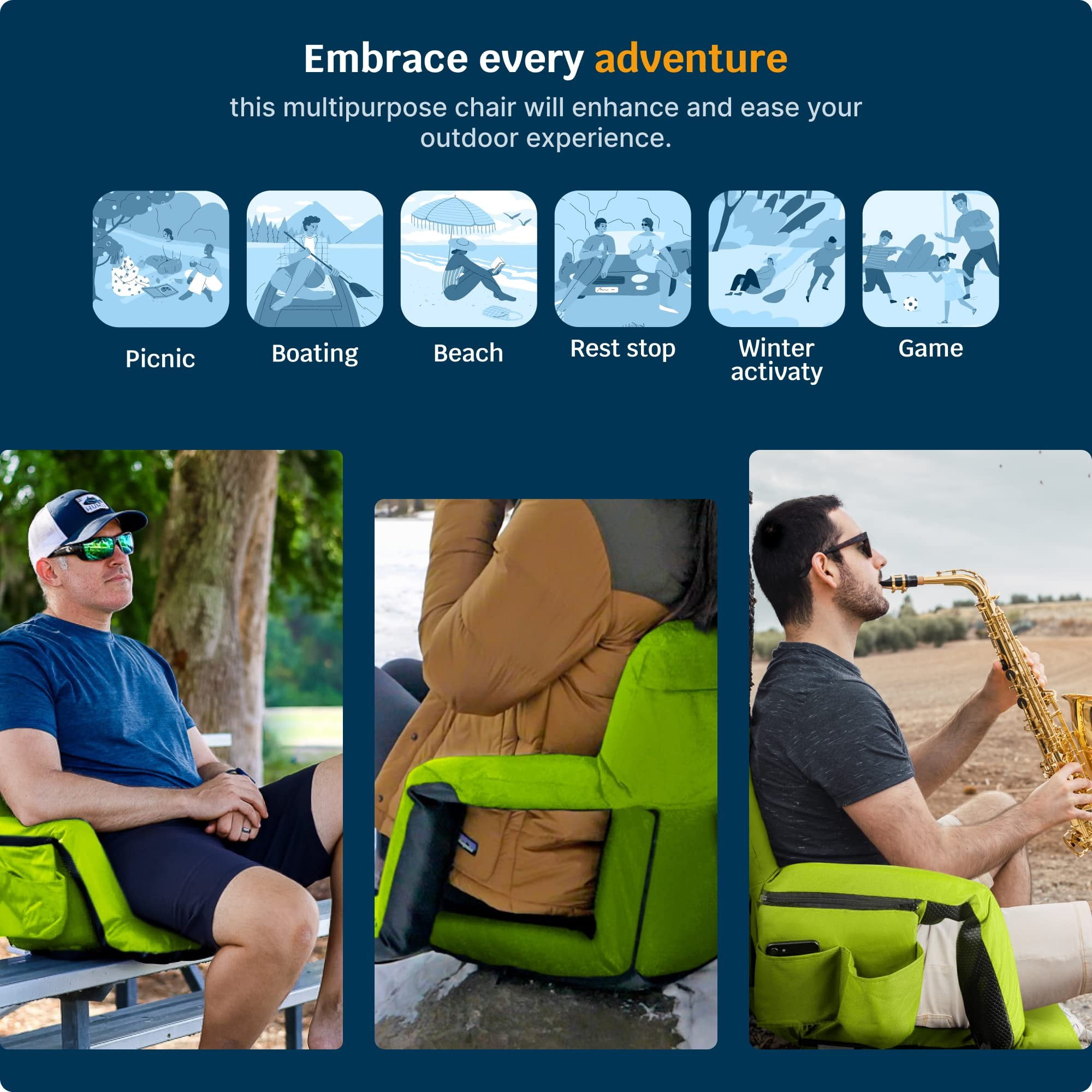 Reclining Stadium Seats for Bleachers with Back Support  Wide Bleacher Chair Cushion, Armrests, Large Pockets, and Multiple Safety Features  Best Stadium Seat Chairs for Camping, Kayak Backs & More