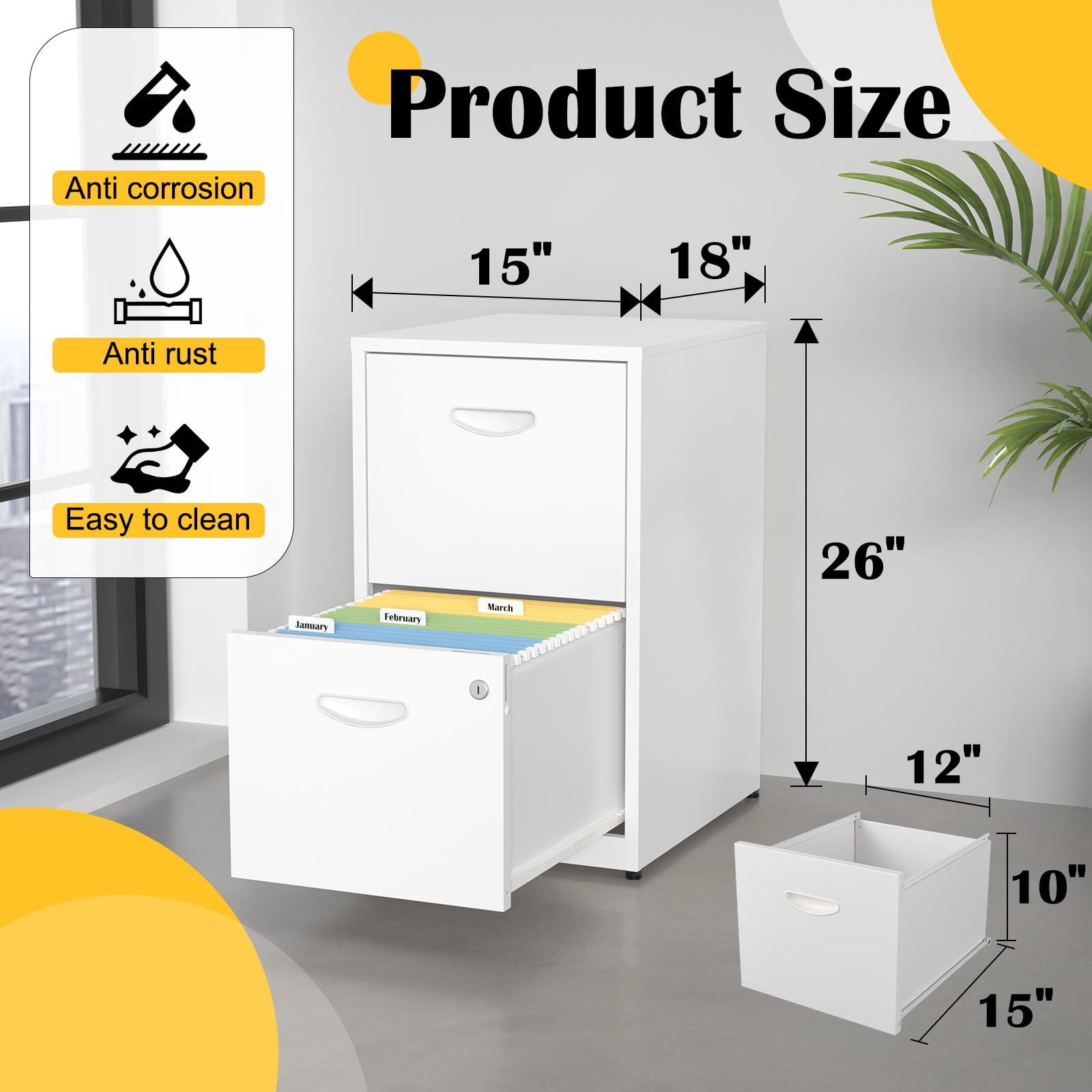 Polup File Cabinet, Freestanding Storage Organizer, Metal 2-Drawer, Letter Size, White