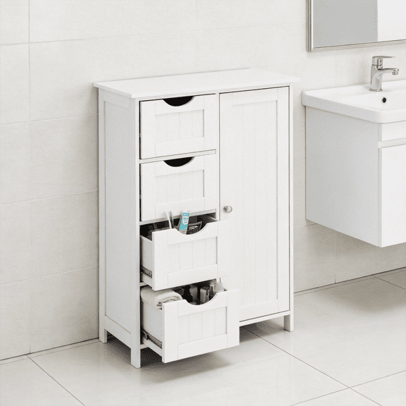 Wanling Floor Storage Cabinet, Freestanding Storage Unit with 4 Drawers, 1 Adjustable Shelf, for Bathroom Living Room Dining Kitchen White