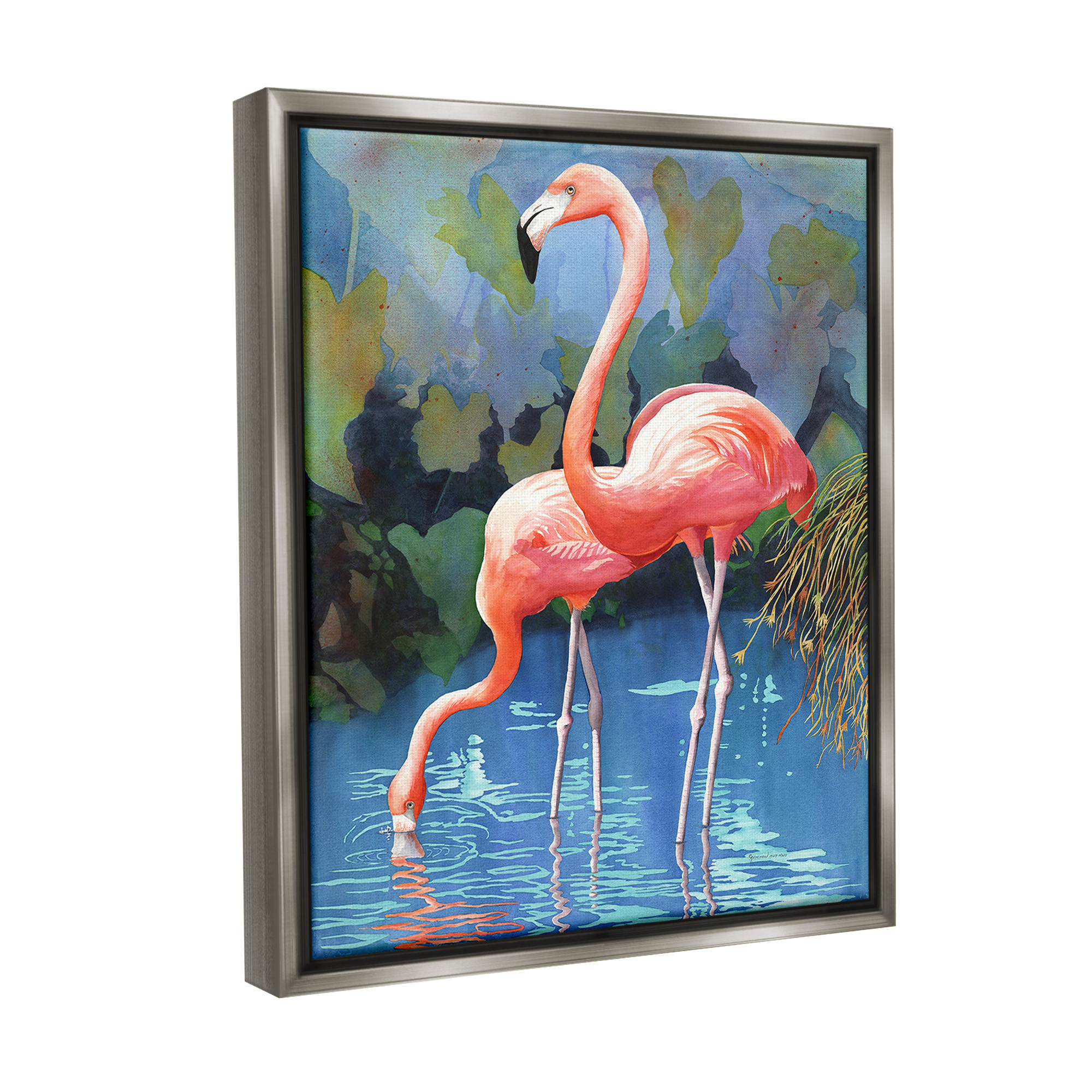 Stupell Industries Flamingos in Lush Pond Animals & Insects Painting Gray Floater Framed Canvas Art Print Wall Art, 17 x 21