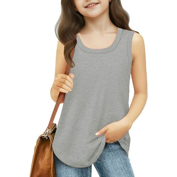 CQONEPT Tank Tops for Girls Kids Summer Casual Cute Sleeveless Crewneck Shirt Loose Fit Trendy Blouse Tee Gray 13 Years