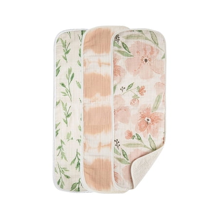 Crane Baby Parker 3 Piece Absorbent 100% Cotton Burp Cloths Set Pink Floral Burp Cloths For Girls and Boys