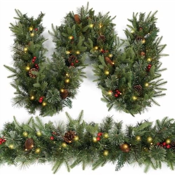 Christmas Garland Prelighted 9ft with 50 Lights, Christmas Decor with 50 Light Pine Cone Red Berries Timer for Mantle Staircase Indoor and Outdoor$$Home Decor, Kitchen, & Other