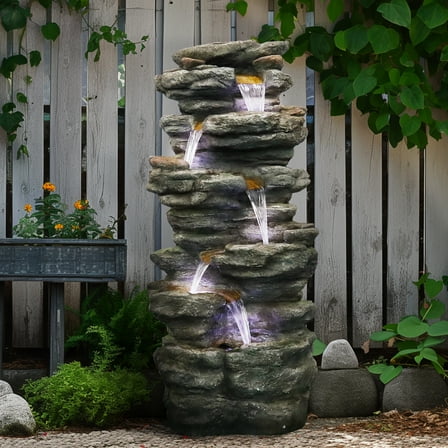 Willwolf Outdoor Water Fountain with LED Lights, 6-Tiered Electric Resin Waterfall for Garden Patio Lawn Yard and Porch