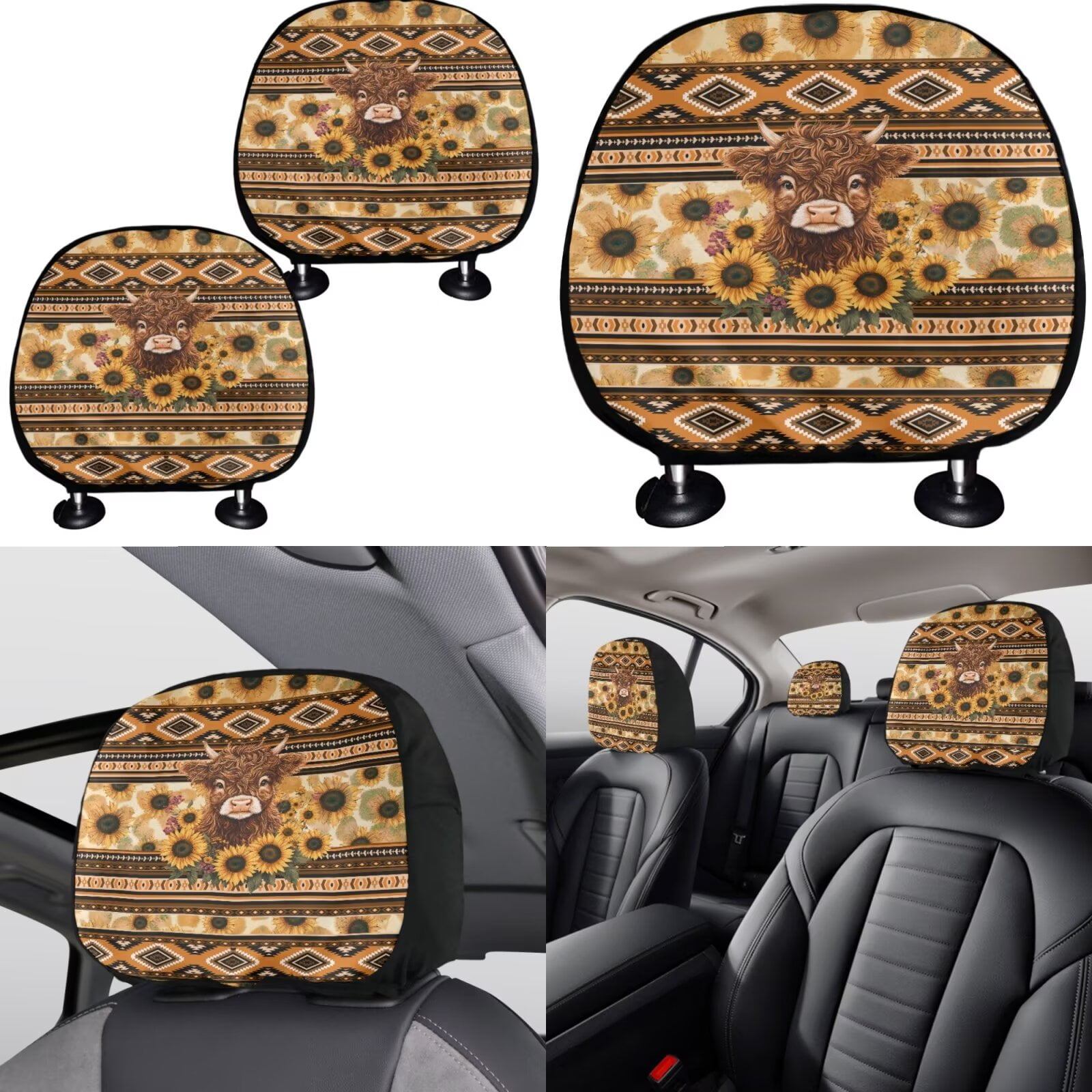 Garronmavis Aztec Highland Cow Car Seat Covers Set with Auto Headrest Cover+Handbrake Gear+Shift Knob Cover+Auto Cup Coaster+Wristlet Keychain Light Breathable Auto Interior Protector