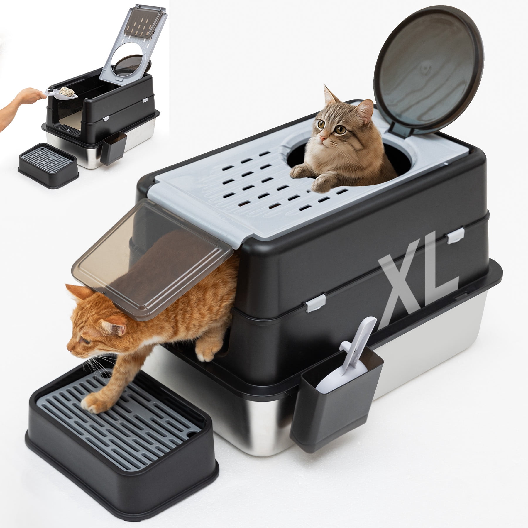 Stainless Steel Litter Box, XL Top Entry Cat Litter Box with Flip Lid, High Side Large Top Front Dual Exit Enclosed Cat Litter Pan Tray with Litter Scoop and Foot Pedal, Easy Cleaning, Anti-Leakage