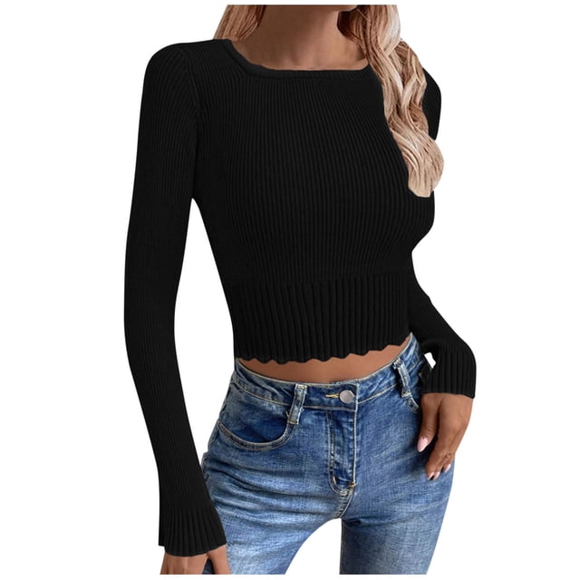 VSSSJ Womens Cropped Sweaters Ribbed Knit Crew Neck Long Sleeve Crop Tops Slim Fit Basic Pullover Sweater Tops Black L