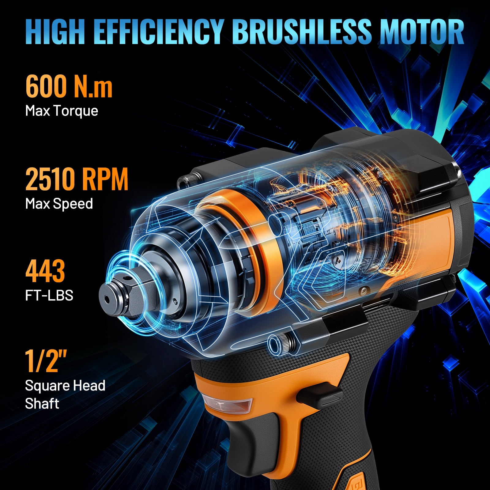 SPEEDWOW 443 Ft-lbs (600 N·m) Cordless Impact Wrench, 1/2" Brushless Impact Gun, 21V High Torque Power Driver, 2 x 4.0Ah Batteries, Variable Speeds for Family Car, Pickup Truck, and Mower
