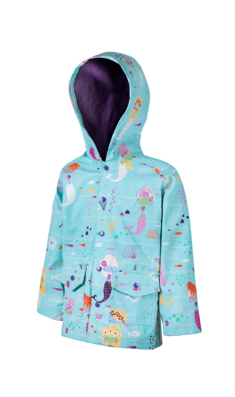 Kidorable Blue Mermaid PU All-Weather Raincoat for Girls with Fish Scale Trim and Star Buttons