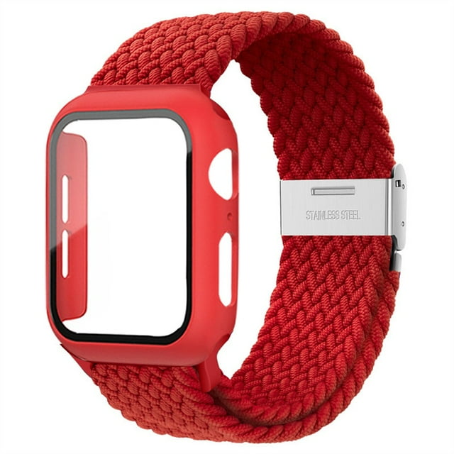 ALMNVO Braided Solo Loop Band Compatible with Apple Watch Bands with Case 41mm 38mm 40mm,Stretch Nylon Elastic Strap with Glass Screen Protector Case for iWatch Series 7 6 SE 5 4 3 2 1