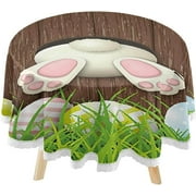 SKYSONIC Brown Wooden Board Round Tablecloth 60inch Indoor Wrinkle Free, Easter Bunny Eggs Circular Lace Table Cover Washable for Kitchen Party BBQ Dining Decor