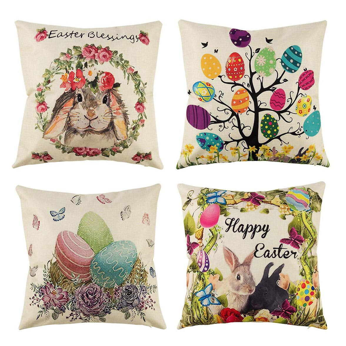 SUFAM Set of 4 Pillow Cases Happy Easter Spring Rabbit Egg Hidden