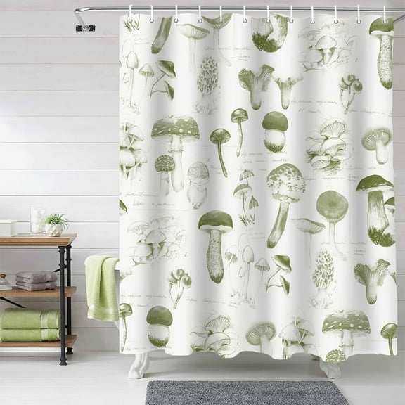 Fabric Shower Curtain for Bathroom, Sage Green Mushroom Custom Shower Curtain Set with Hooks, Luxury Bathroom Curtains, Retro Waterproof Polyester Bathroom Accessories, 72x72inch