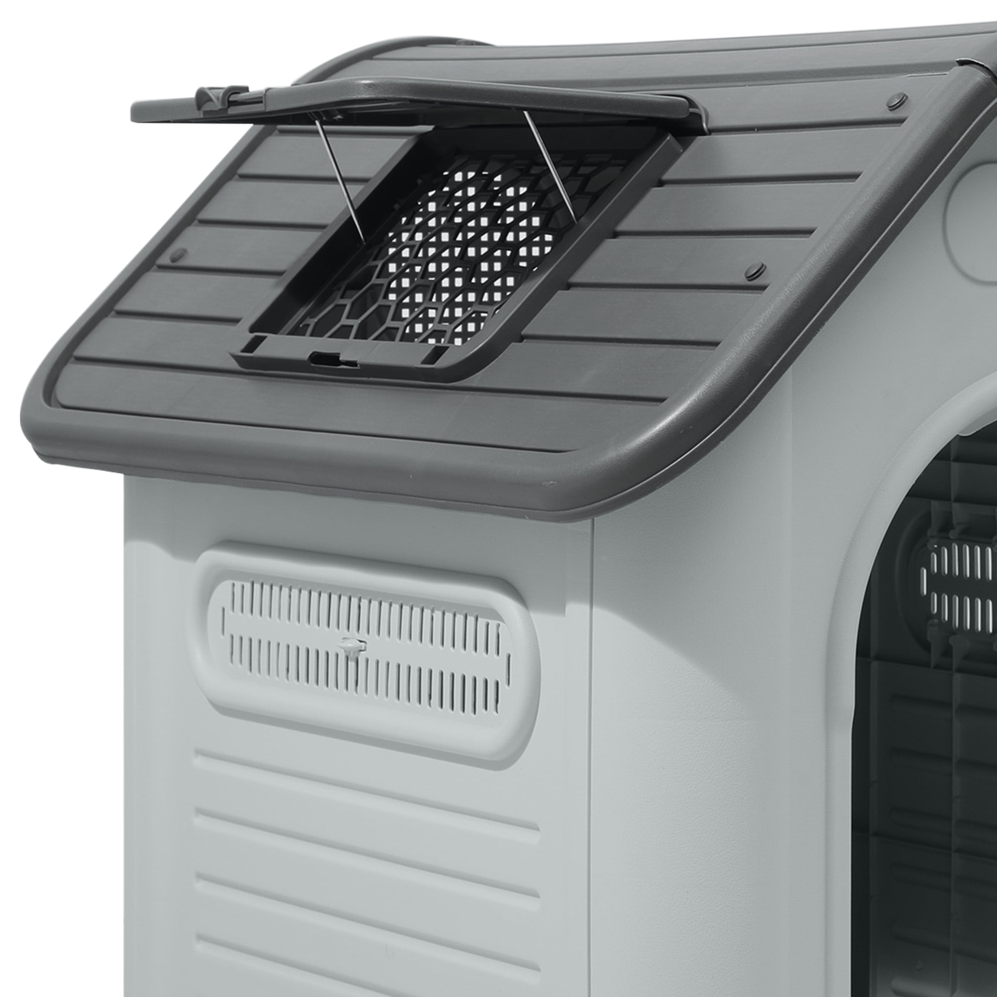 Uforic Extra-Large Waterproof Plastic Dog House with Adjustable Skylight and Elevated Floor, Outdoor Indoor Doghouse Puppy Shelter,Gray,39.4''Lx 33.5''Wx 37.8''H