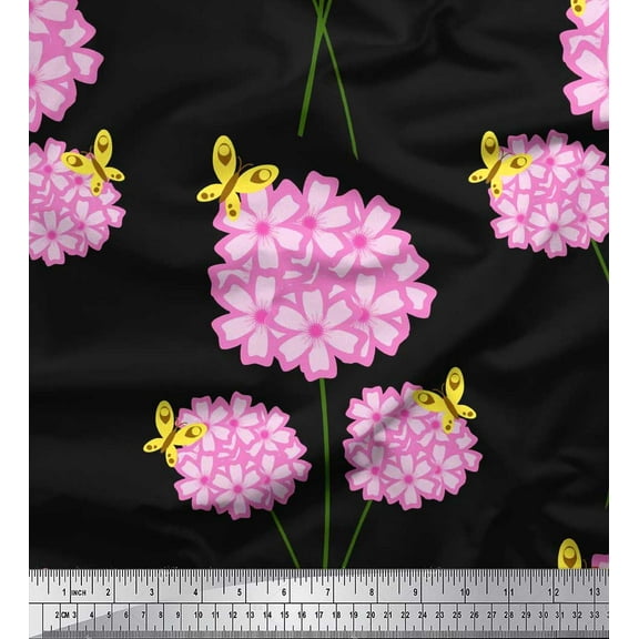 Soimoi Black Cotton Duck Fabric Insect & Floral Artistic Print Fabric by The Yard 42 Inch Wide