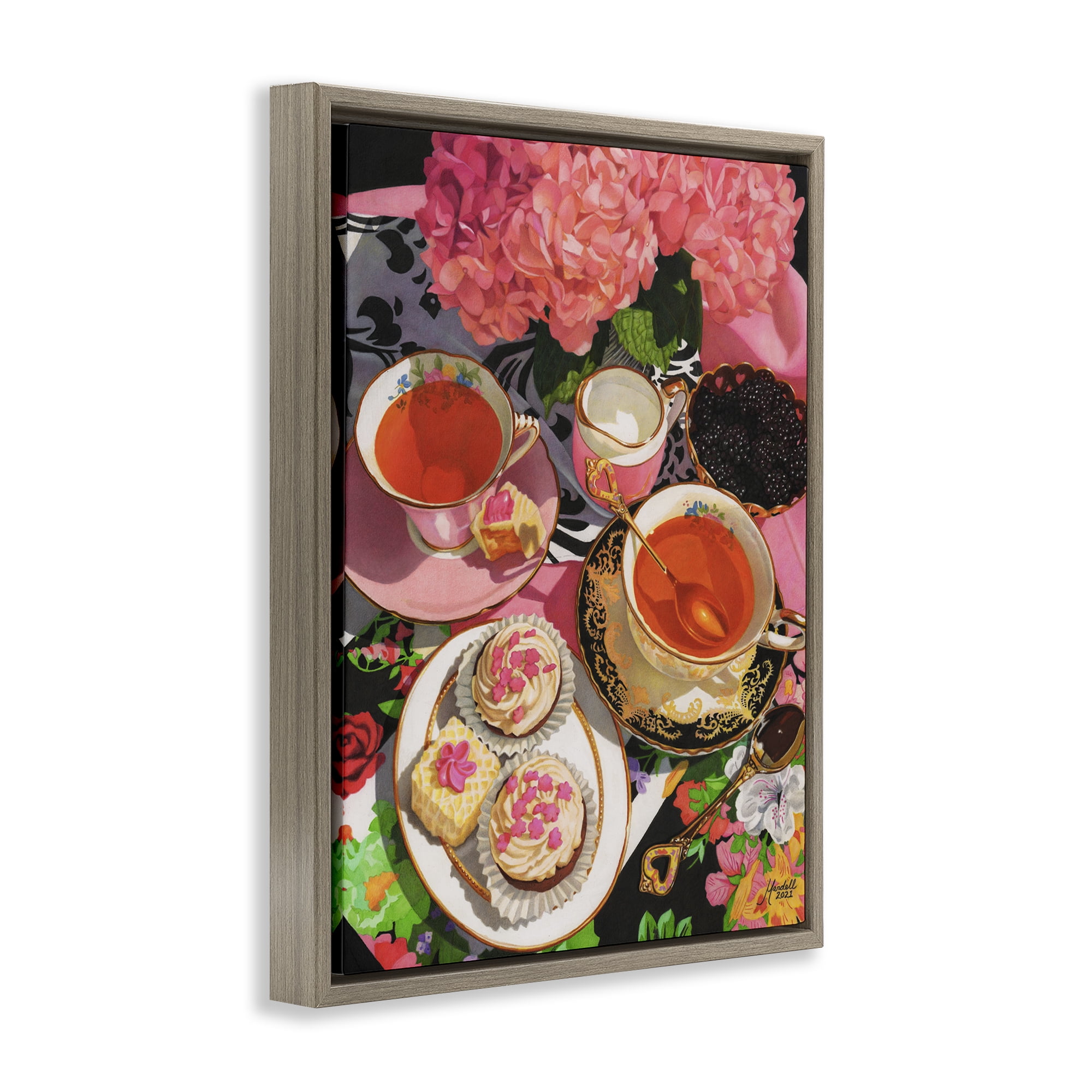 Stupell Industries Pink Hydrangea Tea Party Food & Beverage Painting Brown Floater Framed Art Print Wall Art, 25 x 31