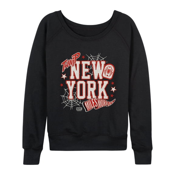 Spider-Man - NYC Miles Faux Patches Lightweight French Terry Wide Neck Long Sleeve Graphic Shirt
